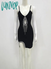 Lunivop Women Summer Fashion Sexy Key Hole V Neck Cystal Diamonds Black Tassel Mini Bandage Dress